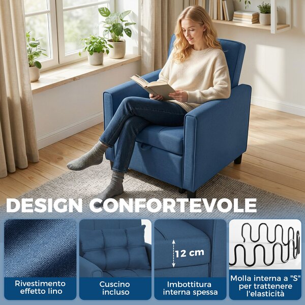 HOMCOM Poltrona Letto Pieghevole con Schienale Regolabile e Cuscino, Blu | Aosom Italy