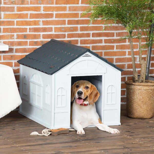 AllMyPets Casetta per Cani in PP Impermeabile con Tetto Inclinato e Porta di Ingresso, 65x75.7x63 cm colore Grigio - L3880GY