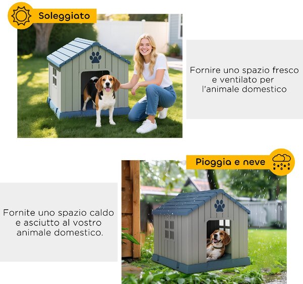 AllMyPets Casetta per Cani Taglia Media da Esterno Impermeabile con Base Rialzata e Finestre, 85x79x82 cm colore Grigio - L3900GY