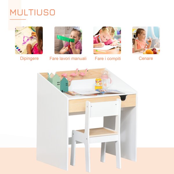 HOMCOM Set Scrivania e Sedia per Bambini con Cassetto e Scaffale, Bordi Arrotondati, Età 6-10 Anni, Bianco e Legno | Aosom Italy