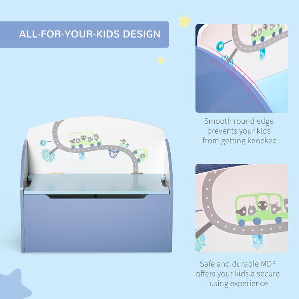 DecHome Cassapanca Baule Portagiochi Panca in Legno Blu per Bambini 3-8 Anni