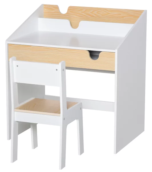 HOMCOM Set Scrivania e Sedia per Bambini con Cassetto e Scaffale, Bordi Arrotondati, Età 6-10 Anni, Bianco e Legno | Aosom Italy