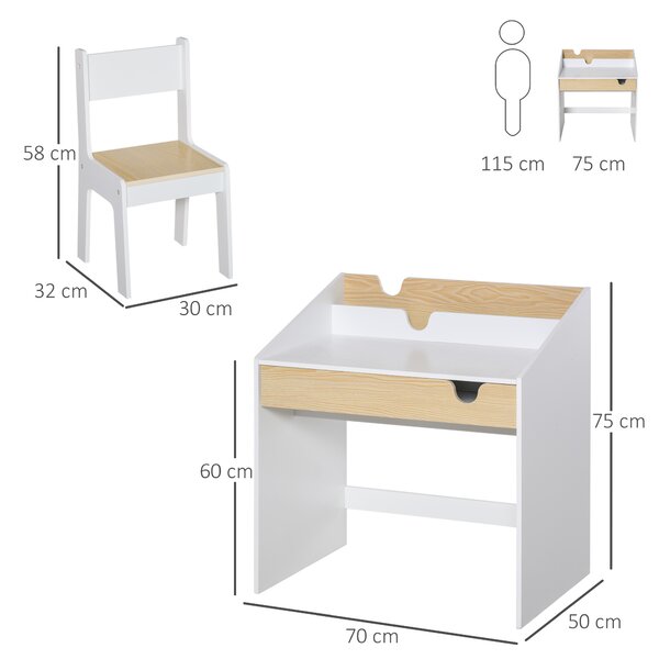HOMCOM Set Scrivania e Sedia per Bambini con Cassetto e Scaffale, Bordi Arrotondati, Età 6-10 Anni, Bianco e Legno | Aosom Italy