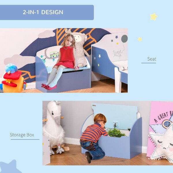 DecHome Cassapanca Baule Portagiochi Panca in Legno Blu per Bambini 3-8 Anni