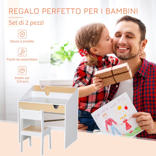 HOMCOM Set Scrivania e Sedia per Bambini con Cassetto e Scaffale, Bordi Arrotondati, Età 6-10 Anni, Bianco e Legno | Aosom Italy