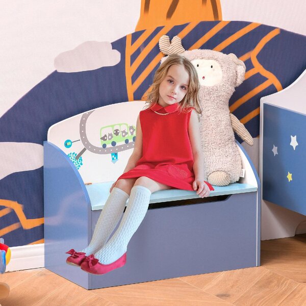 DecHome Cassapanca Baule Portagiochi Panca in Legno Blu per Bambini 3-8 Anni
