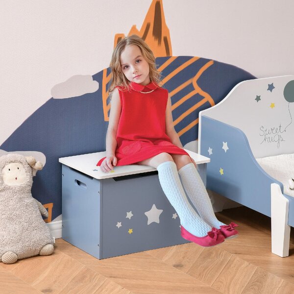 DecHome Cassapanca Baule Portagiochi in Legno per Cameretta Bambini colore Blu e Bianco