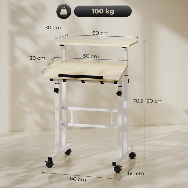 HOMCOM Scrivania Regolabile Seduta/In Piedi 60 x 60 cm con Ruote e Piano Inclinabile - Telaio Metallico, Naturale | Aosom Italy