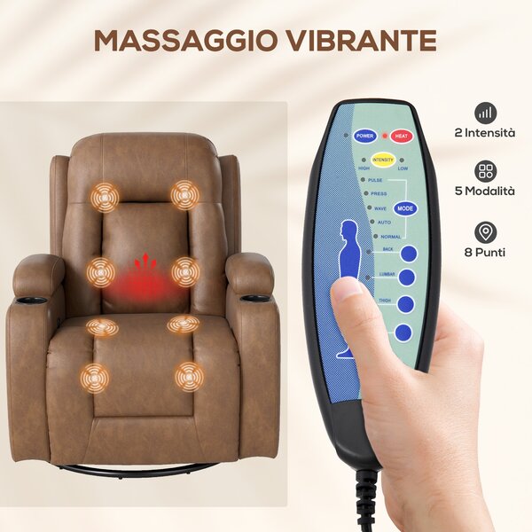HOMCOM Poltrona Relax Reclinabile Massaggiante Riscaldante in Similpelle con 8 Punti Massaggio, Marrone | Aosom Italy