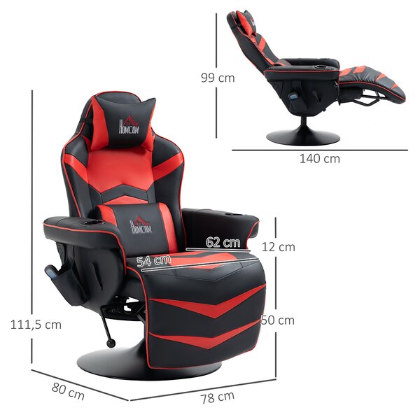 HOMCOM Sedia da Gaming Massaggiante con Poggiapiedi e Cuscino, in Finta Pelle, 79.5x82.5x111.5 cm, Nero e Rosso | Aosom Italy