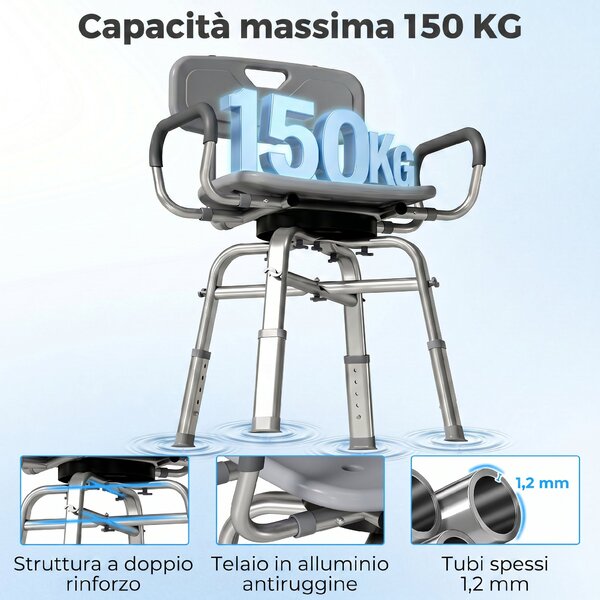 HOMCOM Sedia per Doccia Girevole ad Altezza Regolabile con Braccioli, Schienale, Capacità 150 kg, Grigio | Aosom Italy