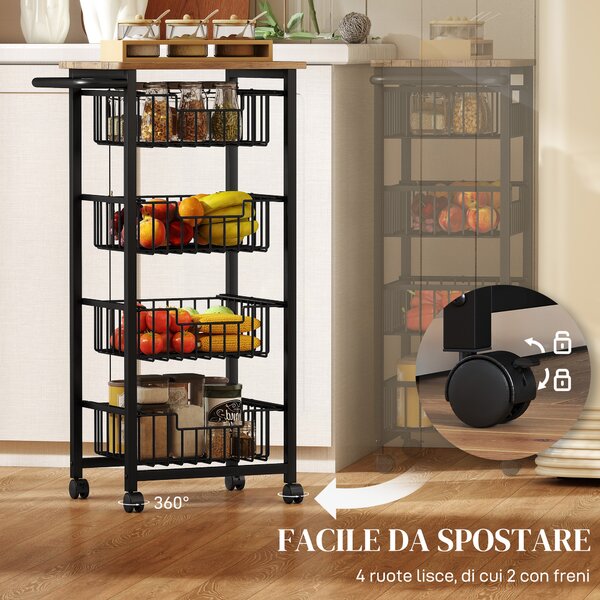 HOMCOM Carrello da Cucina con 4 Cestini Estraibili, Ruote e Freni, Acciaio e Legno, 49.5x31x91 cm, Rovere | Aosom Italy