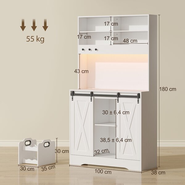 HOMCOM Credenza Cucina con Prese Elettriche, Luce LED, Portabottiglie e Ante Scorrevoli, 100x38x180 cm, Bianco | Aosom Italy
