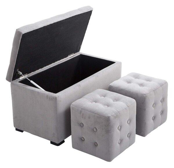 DecHome Cassapanca in Velluto Panca contenitore + 2 Pouf Dimensioni 75x40x42 cm colore Grigio Perla
