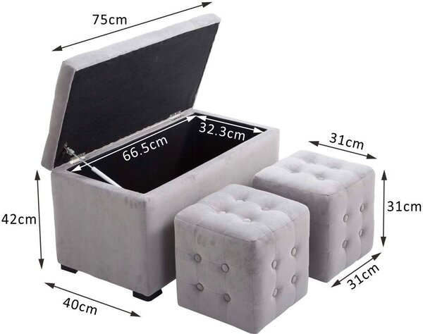 DecHome Cassapanca in Velluto Panca contenitore + 2 Pouf Dimensioni 75x40x42 cm colore Grigio Perla