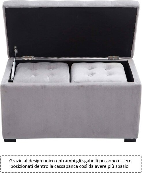 DecHome Cassapanca in Velluto Panca contenitore + 2 Pouf Dimensioni 75x40x42 cm colore Grigio Perla