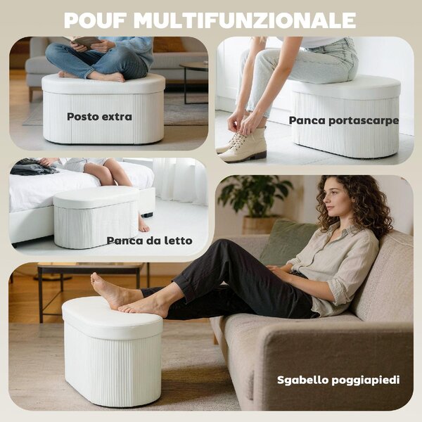 DecHome Cassapanca in Velluto Panca Contenitore Pieghevole Dimensioni 76x38x35 cm colore Crema
