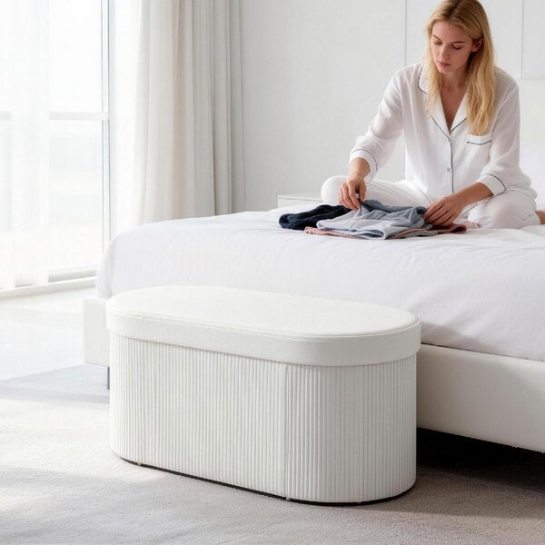DecHome Cassapanca in Velluto Panca Contenitore Pieghevole Dimensioni 76x38x35 cm colore Crema