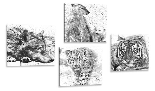 Set di quadri – Animali in versione acquerello in bianco e nero