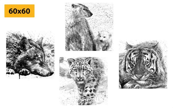 Set di quadri – Animali in versione acquerello in bianco e nero