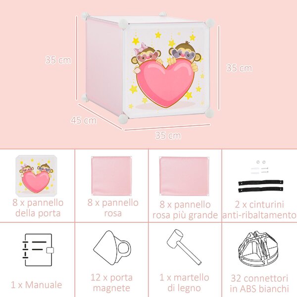 DecHome Cassettiera Componibile 8 cubi con ante in Plastica e Acciaio Dimensioni 74x47x144 cm colore Rosa