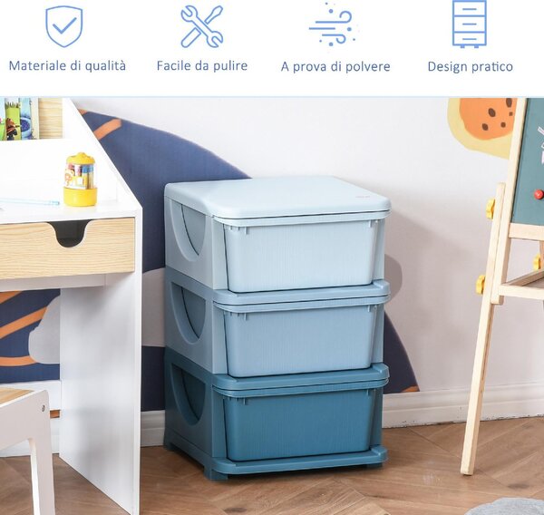 DecHome Cassettiera Multiuso 3 Cassetti in Plastica 37x37x56.5 cm colore Blu