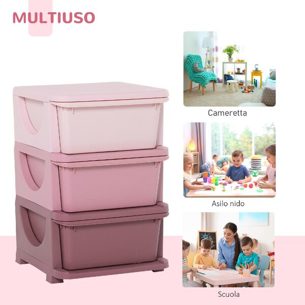 DecHome Cassettiera Multiuso 3 Cassetti in Plastica 37x37x56.5 cm colore Rosa