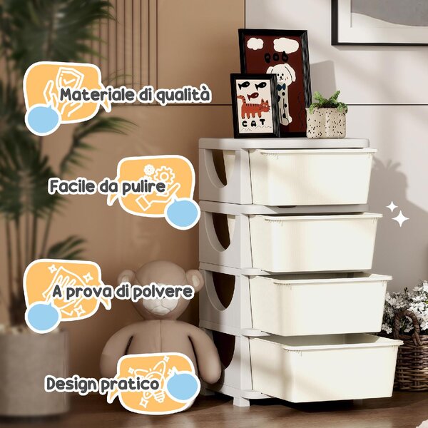DecHome Cassettiera Multiuso 4 Cassetti in Plastica 37x37x76 cm colore Crema