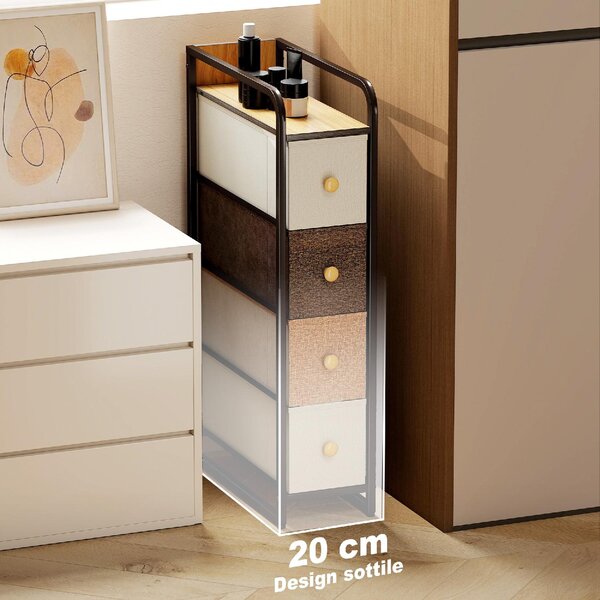 DecHome Cassettiera Multiuso Salvaspazio 4 Cassetti Pieghevoli in Tessuto, Acciaio e Legno 20x47x84.5 cm Multicolore