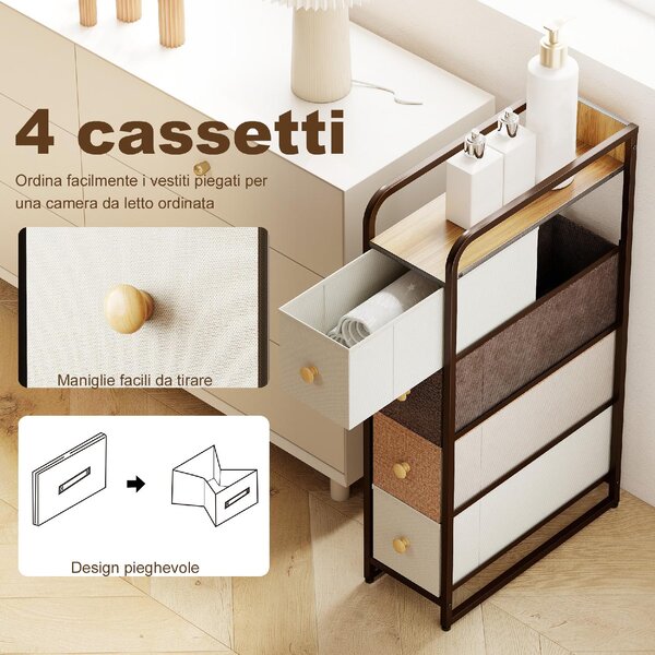 DecHome Cassettiera Multiuso Salvaspazio 4 Cassetti Pieghevoli in Tessuto, Acciaio e Legno 20x47x84.5 cm Multicolore