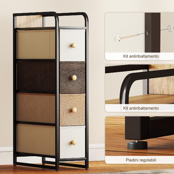 DecHome Cassettiera Multiuso Salvaspazio 4 Cassetti Pieghevoli in Tessuto, Acciaio e Legno 20x47x84.5 cm Multicolore