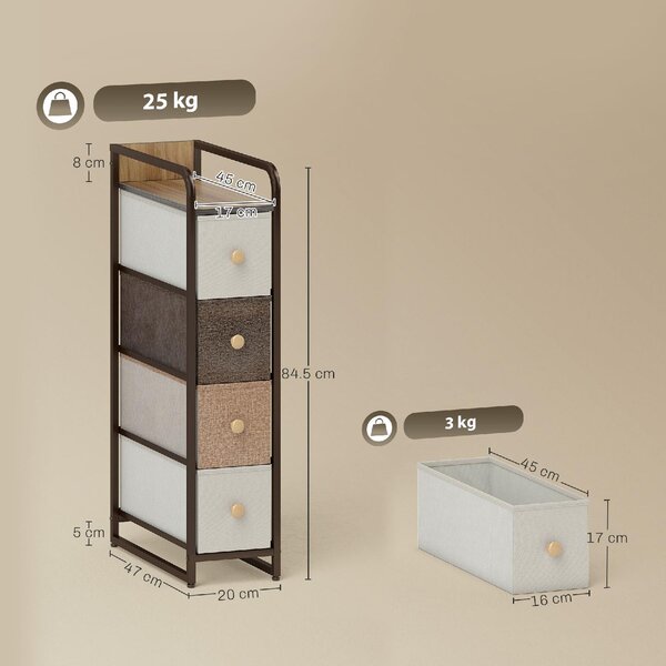 DecHome Cassettiera Multiuso Salvaspazio 4 Cassetti Pieghevoli in Tessuto, Acciaio e Legno 20x47x84.5 cm Multicolore