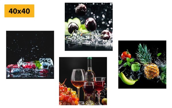 Set di quadri – Vino e pezzi di frutta su sfondo nero