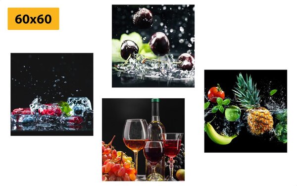 Set di quadri – Vino e pezzi di frutta su sfondo nero