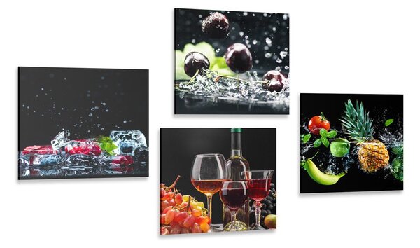 Set di quadri – Vino e pezzi di frutta su sfondo nero