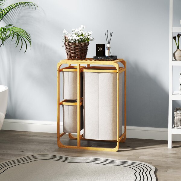 DecHome Cestino Portabiancheria in Bamb con 3 Sacchi e Ripiani Estraibili in Tessuto 50x32x69.7 cm colore Bamb e Crema - 0CWJ550