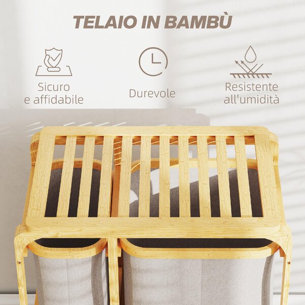 DecHome Cestino Portabiancheria in Bamb con 3 Sacchi e Ripiani Estraibili in Tessuto 50x32x69.7 cm colore Bamb e Crema - 0CWJ550