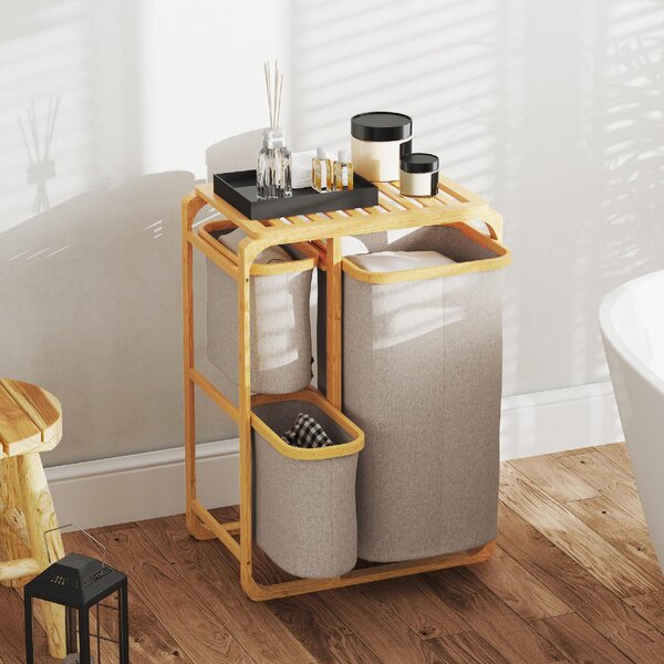 DecHome Cestino Portabiancheria in Bamb con 3 Sacchi e Ripiani Estraibili in Tessuto 50x32x69.7 cm colore Bamb e Crema - 0CWJ550