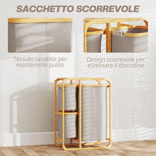 DecHome Cestino Portabiancheria in Bamb con 3 Sacchi e Ripiani Estraibili in Tessuto 50x32x69.7 cm colore Bamb e Crema - 0CWJ550