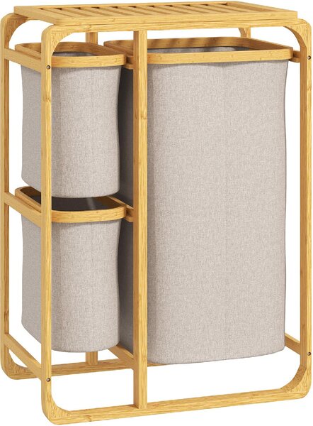DecHome Cestino Portabiancheria in Bamb con 3 Sacchi e Ripiani Estraibili in Tessuto 50x32x69.7 cm colore Bamb e Crema - 0CWJ550