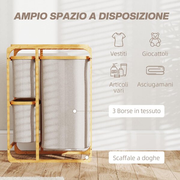 DecHome Cestino Portabiancheria in Bamb con 3 Sacchi e Ripiani Estraibili in Tessuto 50x32x69.7 cm colore Bamb e Crema - 0CWJ550