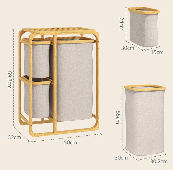 DecHome Cestino Portabiancheria in Bamb con 3 Sacchi e Ripiani Estraibili in Tessuto 50x32x69.7 cm colore Bamb e Crema - 0CWJ550