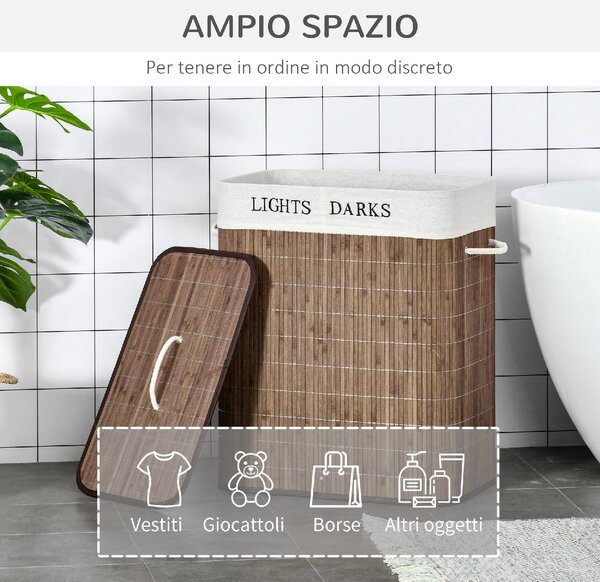 DecHome Cesto per Biancheria Bamb da 100L con 2 Scomparti Coperchio e Maniglie 52x32x63cm Marrone - 144BN850
