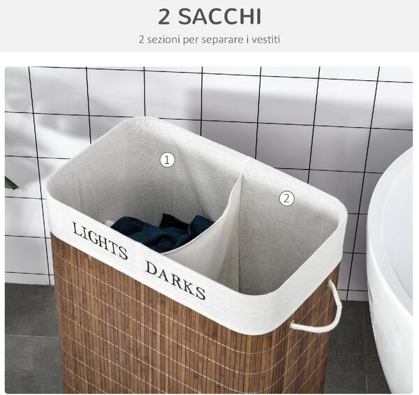 DecHome Cesto per Biancheria Bamb da 100L con 2 Scomparti Coperchio e Maniglie 52x32x63cm Marrone - 144BN850