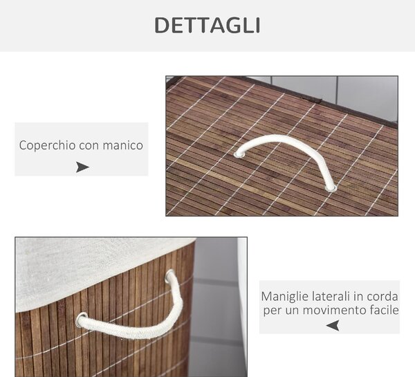 DecHome Cesto per Biancheria Bamb da 100L con 2 Scomparti Coperchio e Maniglie 52x32x63cm Marrone - 144BN850
