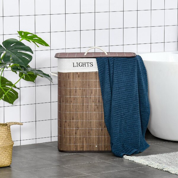 DecHome Cesto per Biancheria Bamb da 100L con 2 Scomparti Coperchio e Maniglie 52x32x63cm Marrone - 144BN850