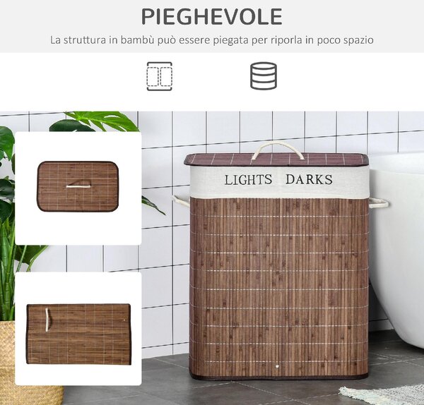 DecHome Cesto per Biancheria Bamb da 100L con 2 Scomparti Coperchio e Maniglie 52x32x63cm Marrone - 144BN850