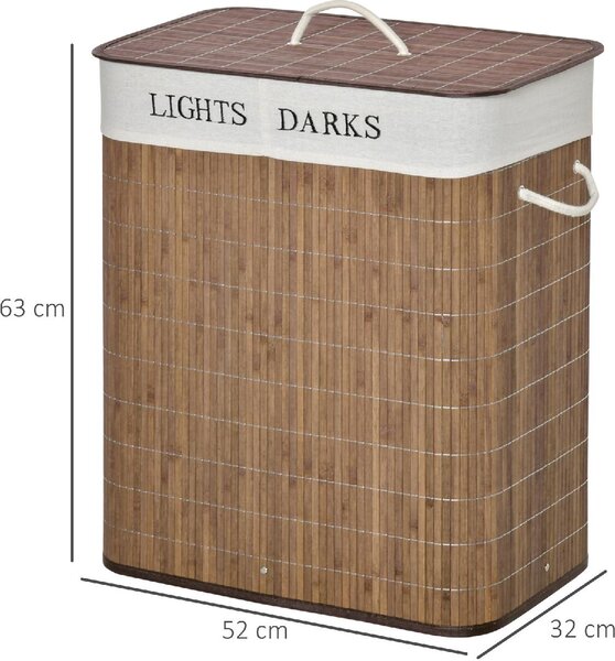 DecHome Cesto per Biancheria Bamb da 100L con 2 Scomparti Coperchio e Maniglie 52x32x63cm Marrone - 144BN850