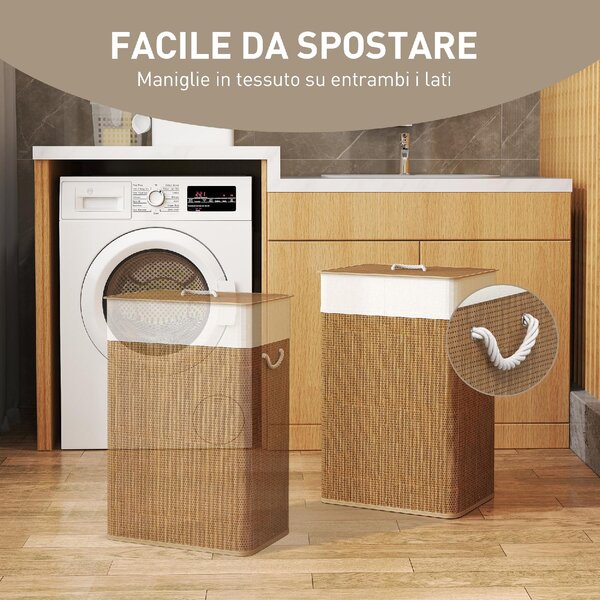 DecHome Cesto Portabiancheria 72L con Coperchio in Bamb Manici in Corda e Sacco Rimovibile colore Marrone - F865BN
