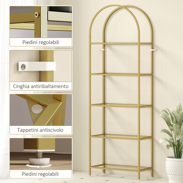 HOMCOM Scaffale Portaoggetti ad Arco a 5 Ripiani in Acciaio e Vetro Temperato, 60x30x175 cm, Oro | Aosom Italy